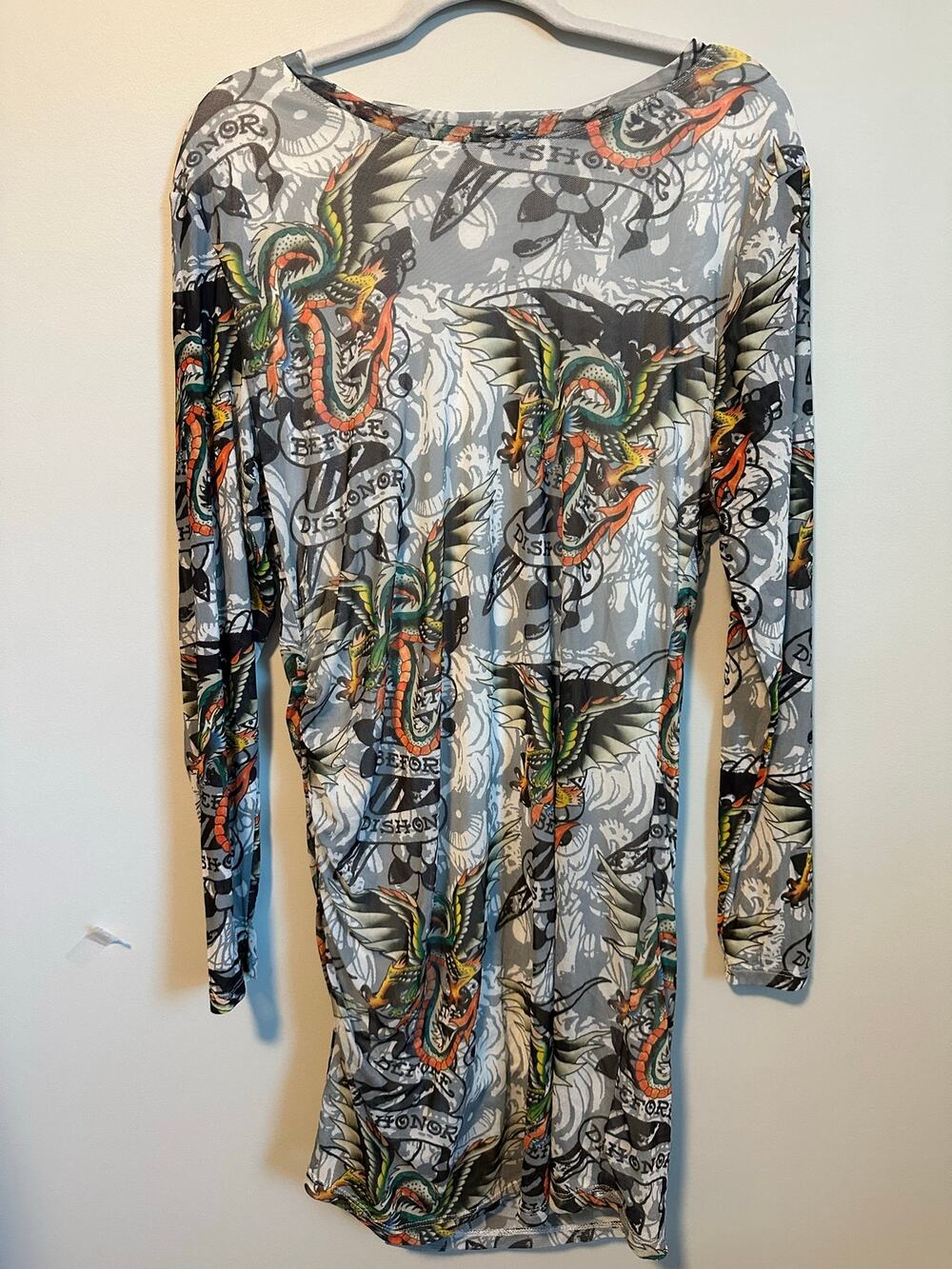 Ed Hardy Womens 1X Dragon Tattoo Print Ruched Bodycon Mini Dress Y2K Grunge